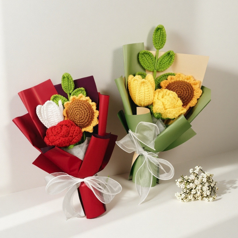 Ramo de Navidad transfronterizo, hilo de lana de crochet a mano, hilo de lana de tulipán, adornos de flores de punto, regalos a mano
