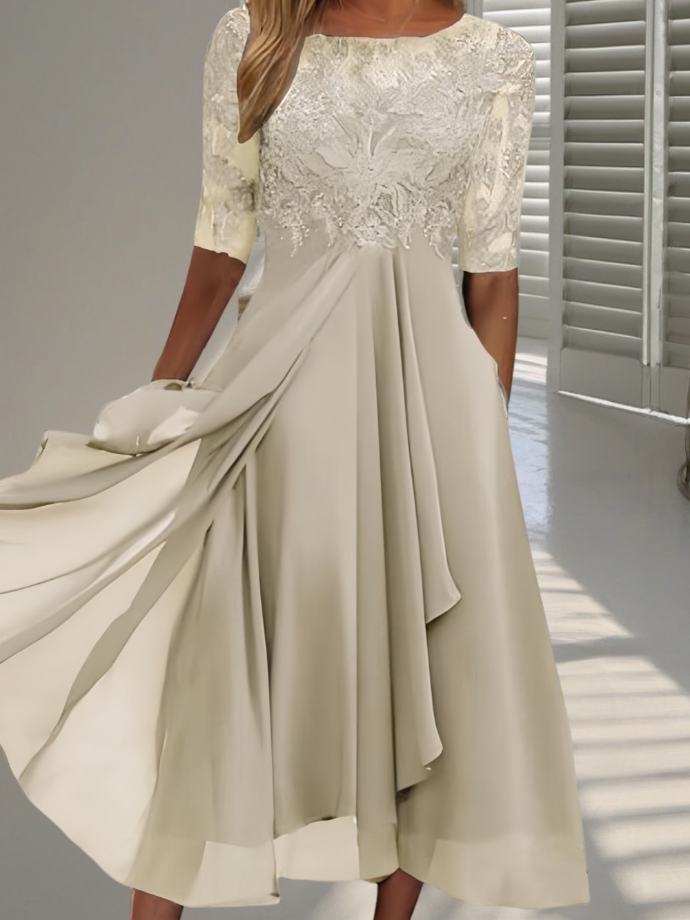 2025 estación europea transfronteriza vestido amazónico chiffon empalme encaje hueco vestido de dama de honor vestido de noche mujer