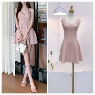 7984 Rich Daughter~Summer New Style Pure Desire Ice Silk Square Collar Gold-Plated Button Sleeveless Waist A-Line Skirt Short Skirt for Women