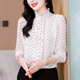 2026新款小立领白色碎花衬衫女春秋长袖衬衣气质高端法式雪纺上衣