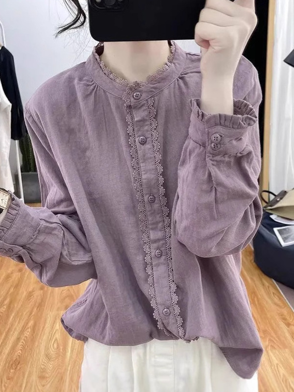 綿麻の長袖のシャツの女性の上着は年齢を減らします。|undefined