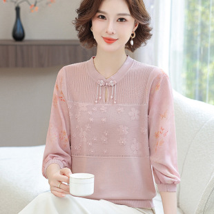 Middle-Aged Mother's Autumn Thin Knitted Bottoming Shirt, Middle-Aged and Elderly Women's Gauze Sleeves, Retro National Style T-Shirt Tops