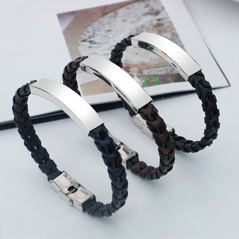 Cross-border foreign trade hot European and American twist woven leather bracelet stainless steel smooth engraved LOGO bracelet jewelry wholesale