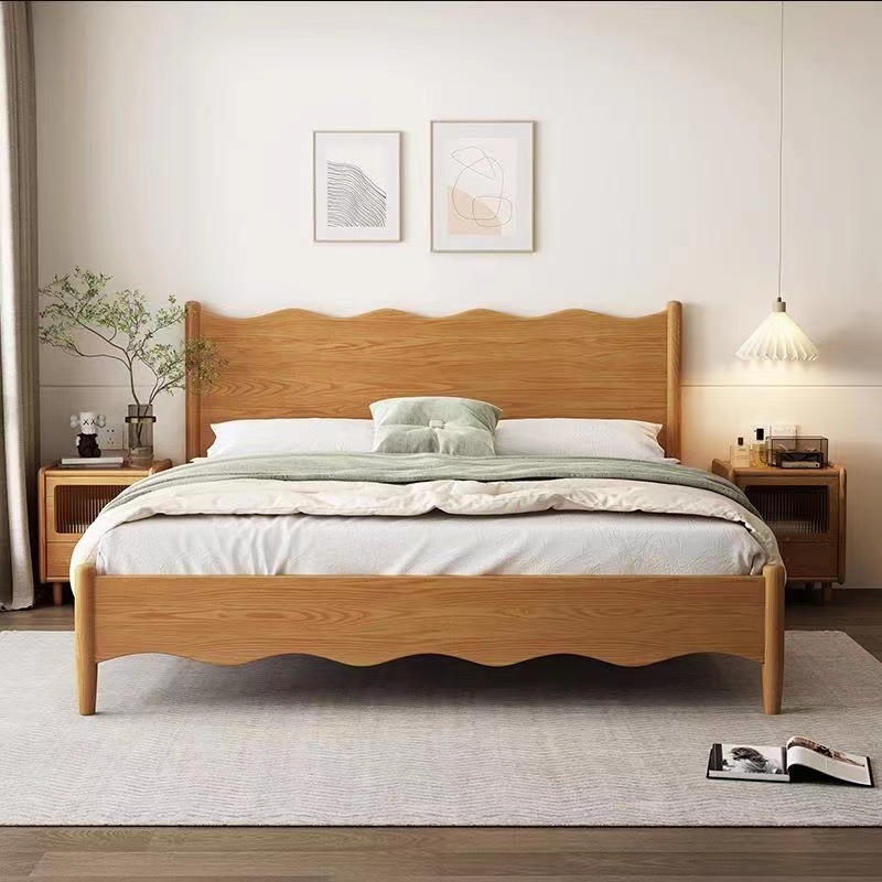 Cama de madera maciza de estilo nórdico, cama de madera, cama doble de cera blanca, cama de boda de 1,8, apartamento pequeño, cama individual para el hogar, dormitorio