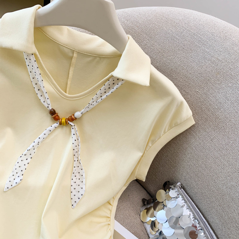 Áo thun polo nữ tay ngắn cổ bẻ kèm khăn lụa phong cách Pháp — màu trắng chi tiết 19