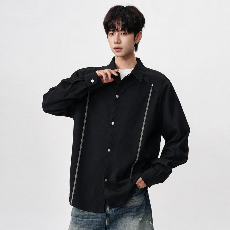 High-quality long-sleeve shirts with metal buttons for teenage students in spring and autumn, men's fashionable striped shirts and jackets, available for wholesale High-quality long-sleeve shirts with metal buttons for teenage students in spring and autumn, men's fashionable striped shirts and jackets, available for wholesale