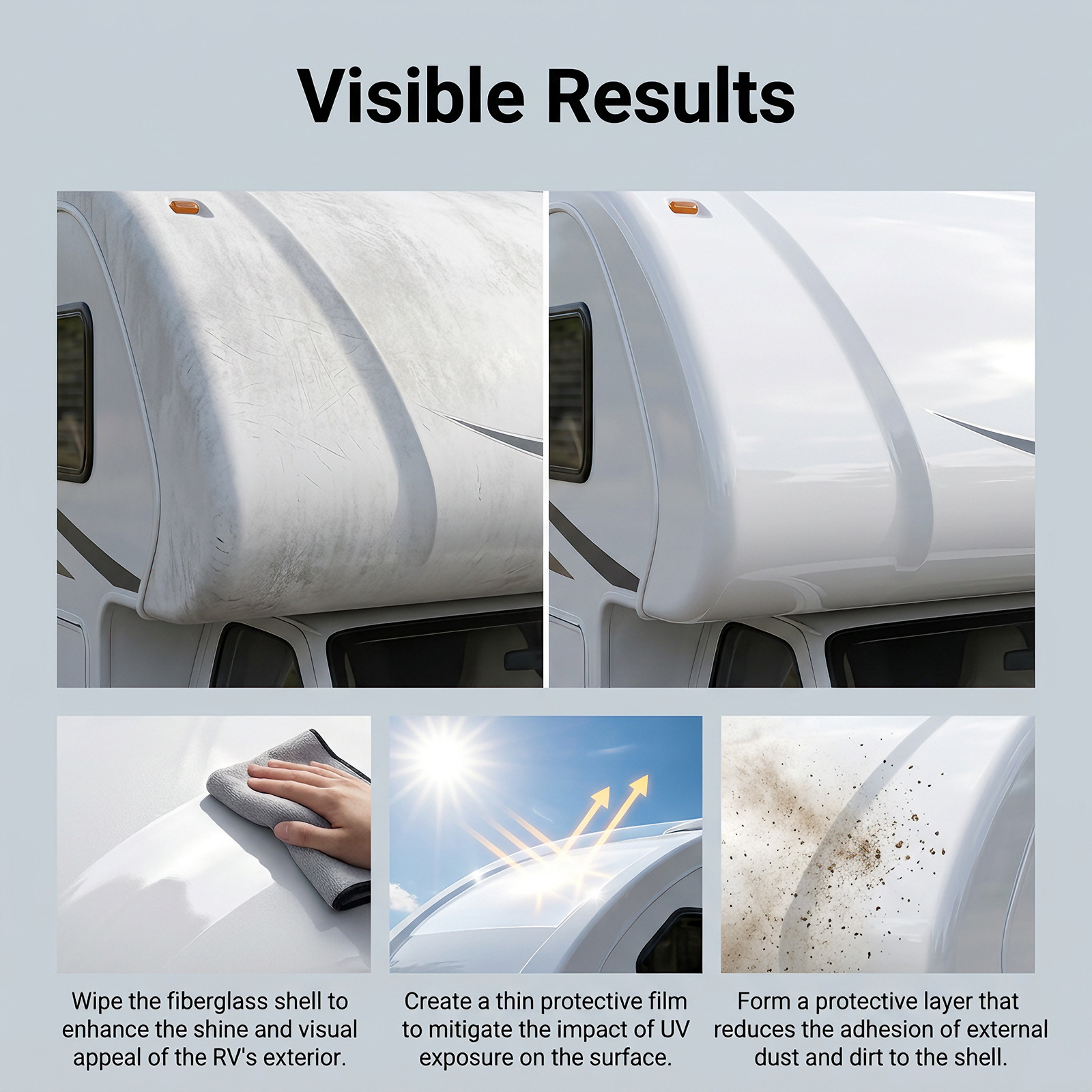 RV fiberglass exterior polish: RV body glass cleaner, polisher, brightener, and protective coating for maintenance
