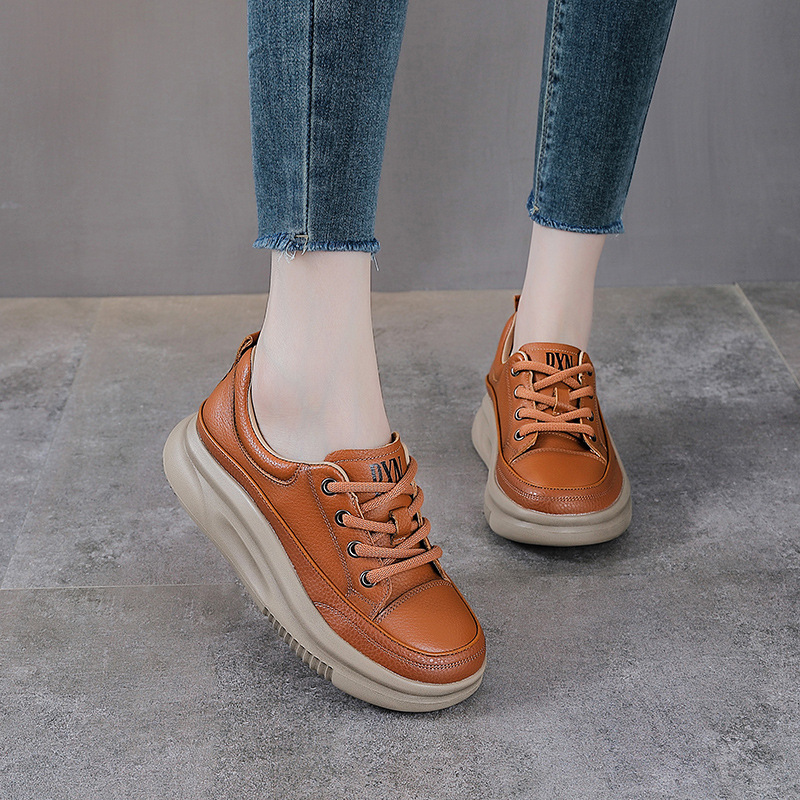 First-Layer Cowhide Casual Low-Top Shoes for Women, Spring & Fall New Thick-Soled Sneakers, Retro Genuine Leather Shoes, Sports Dirty Shoes