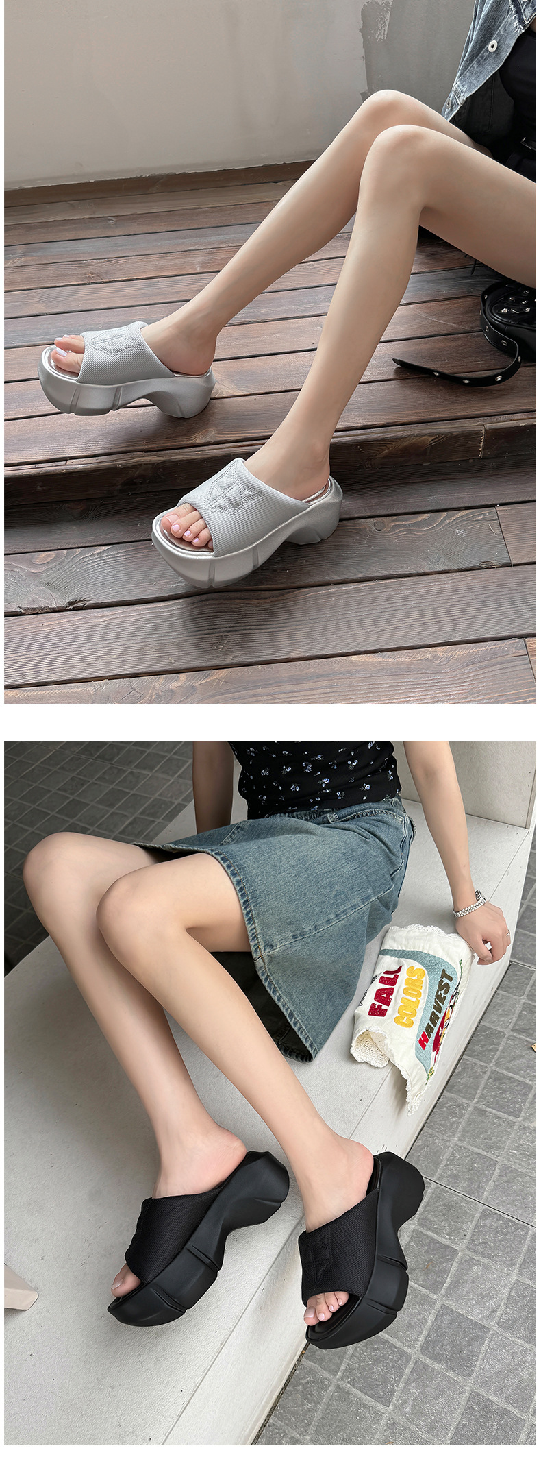 Dép sandal nữ đế dày gót cao mũi hở phong cách thể thao — Màu đen, Màu xám chi tiết 12