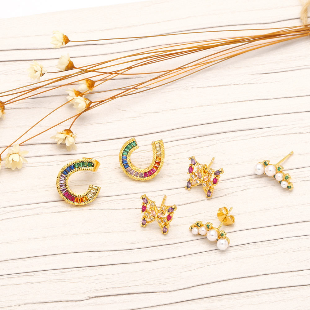 Fashion Butterfly Copper Ear Studs Inlay Pearl Zircon Copper Earrings