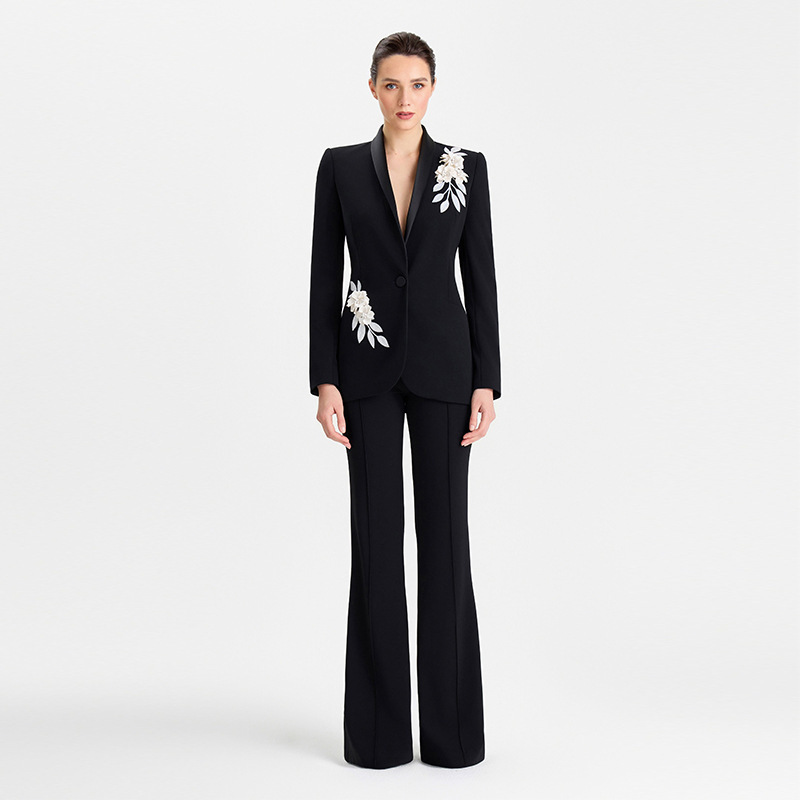 2026 New Brand Designer Black Women's Suit Set, Autumn New 3D Embroidered Slim Fit Two-Piece Set 2026 New Brand Designer Black Women's Suit Set, Autumn New 3D Embroidered Slim Fit Two-Piece Set