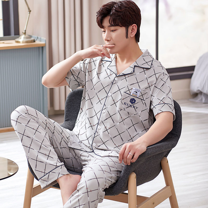 Pijamas de hombre ropa de verano 100% algodón pantalones de manga corta chaqueta juvenil traje de homewear delgado de mediana edad