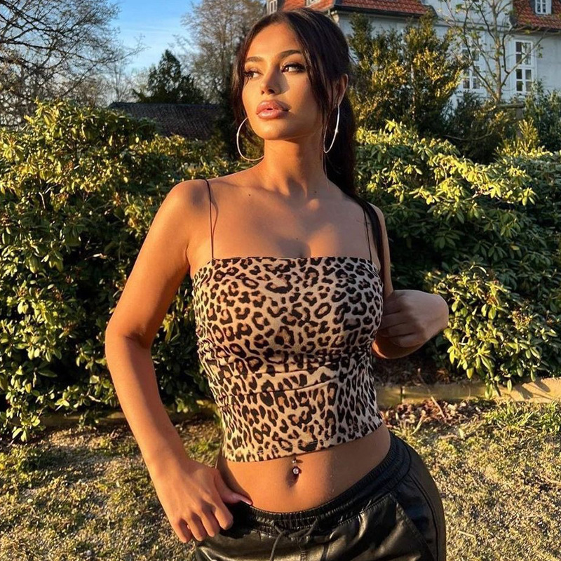 European and American Style Fashion Sexy Navel-Baring Halter Top 2025 Summer New Women's Clothing Printed Leopard Print Tube Top Women's Trendy European and American Style Fashion Sexy Navel-Baring Halter Top 2025 Summer New Women's Clothing Printed Leopard Print Tube Top Women's Trendy