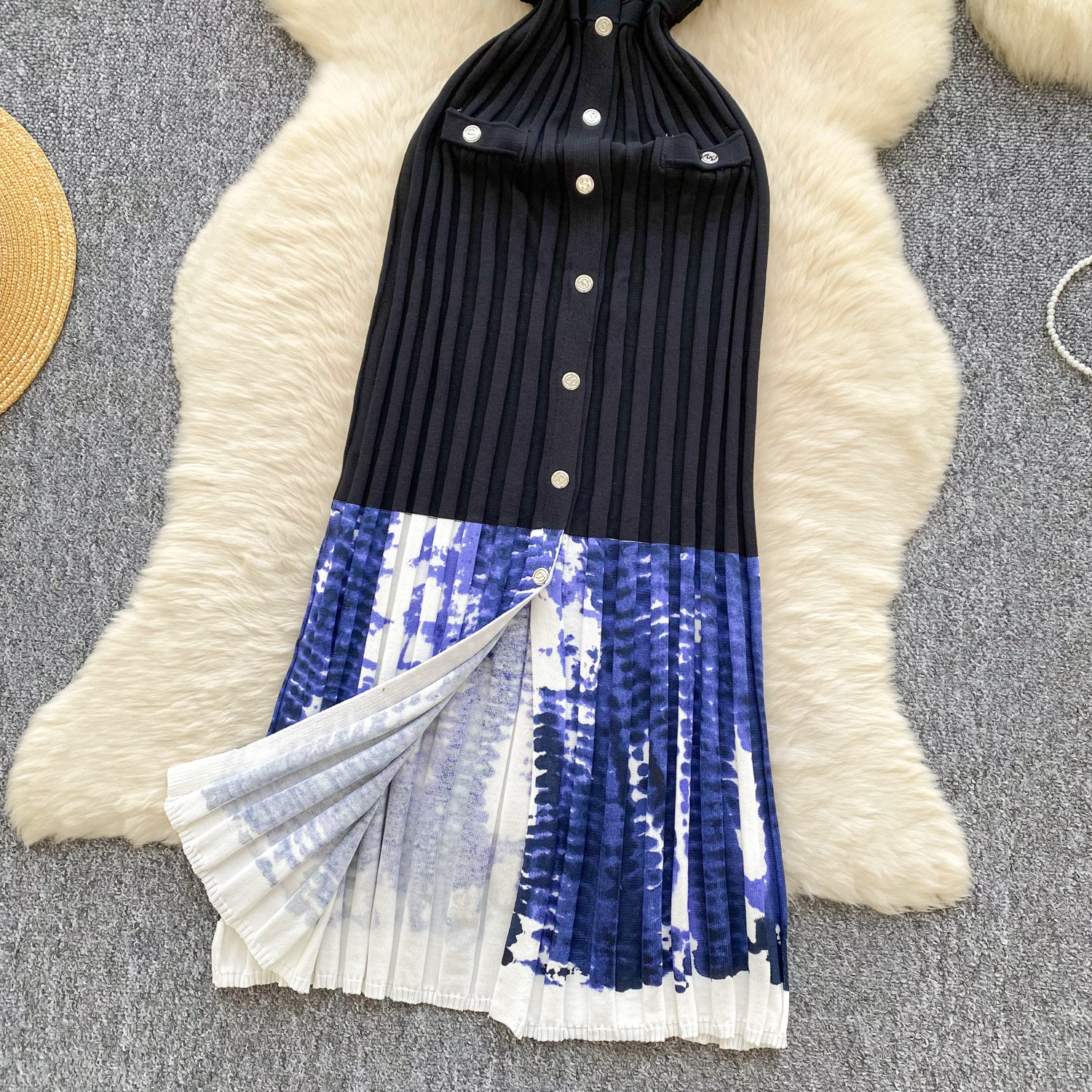 Women's Light Luxury Minimalist Sleeveless Knitted Long Dress Summer Splicing Single Breasted Design Elegant Unique_ecoleips.com