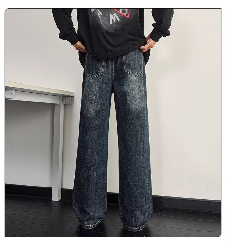 Men's Washed Vintage High Street Jeans Distressed Denim Loose Straight-Leg Fit Streetwear Style Blue S-3XL_mkmklike.com