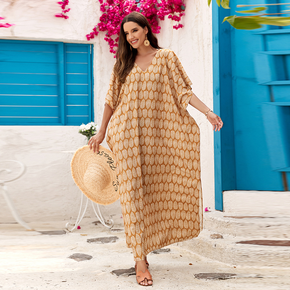 4 colores transfronterizo europeo y americano nuevo vestido largo impreso blusa de playa Plus tamaño vestido bikini protección solar camisa 1D100