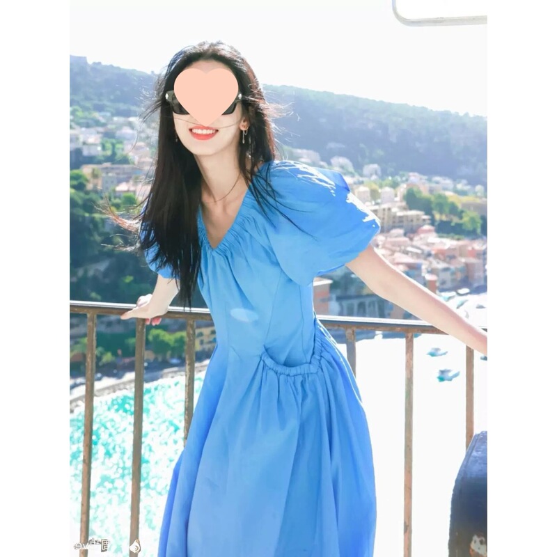 Zhou Ye's Same Style French Blue Collared Puff Sleeve Dress for Women, New Summer Niche Design, Waist-Cinching Slimming Long Dress