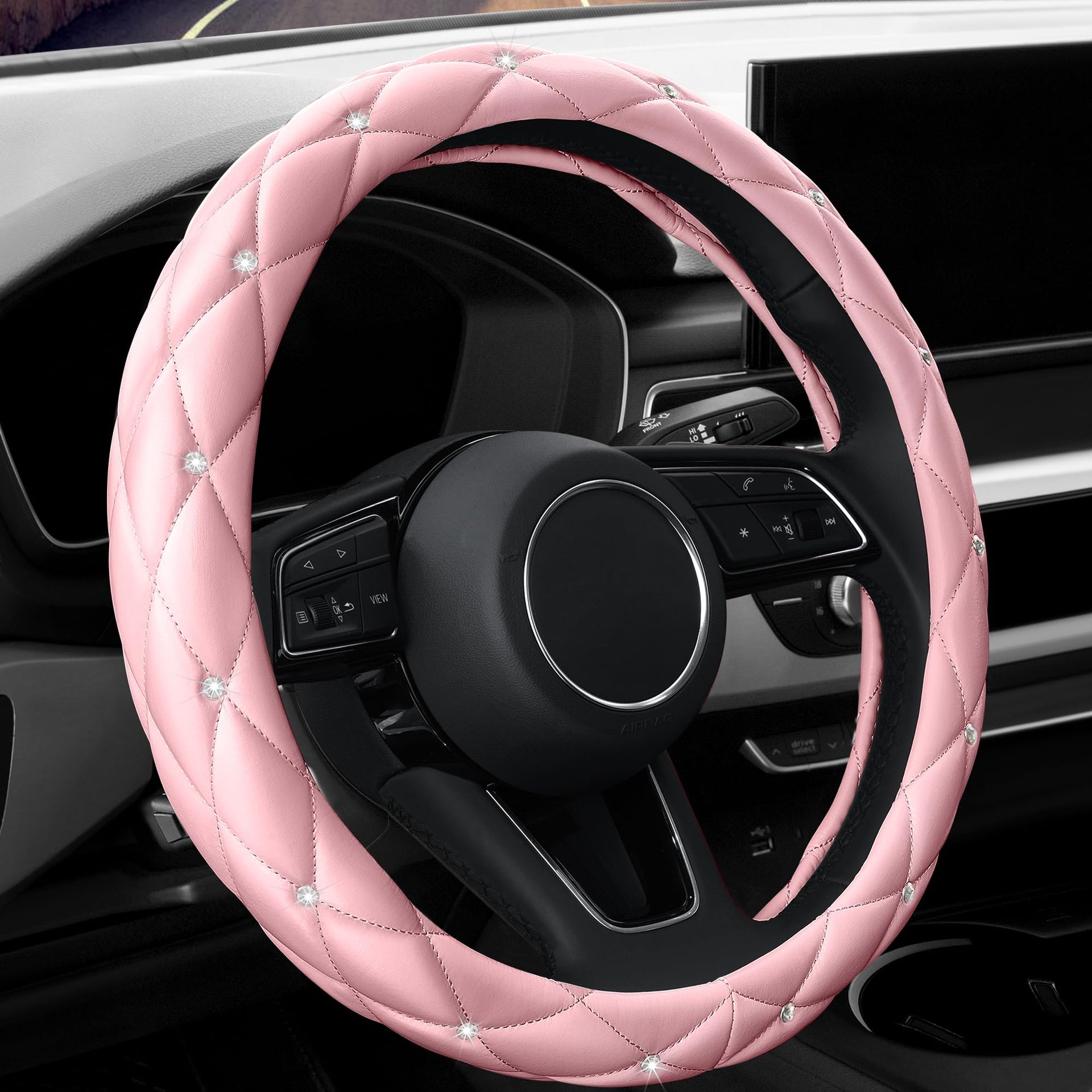 Factory Direct Sales Amazon Car Diamond-Studded Steering Wheel Cover, Universal for All Seasons, Soft Leather Anti-Slip Rhinestone Handle Cover