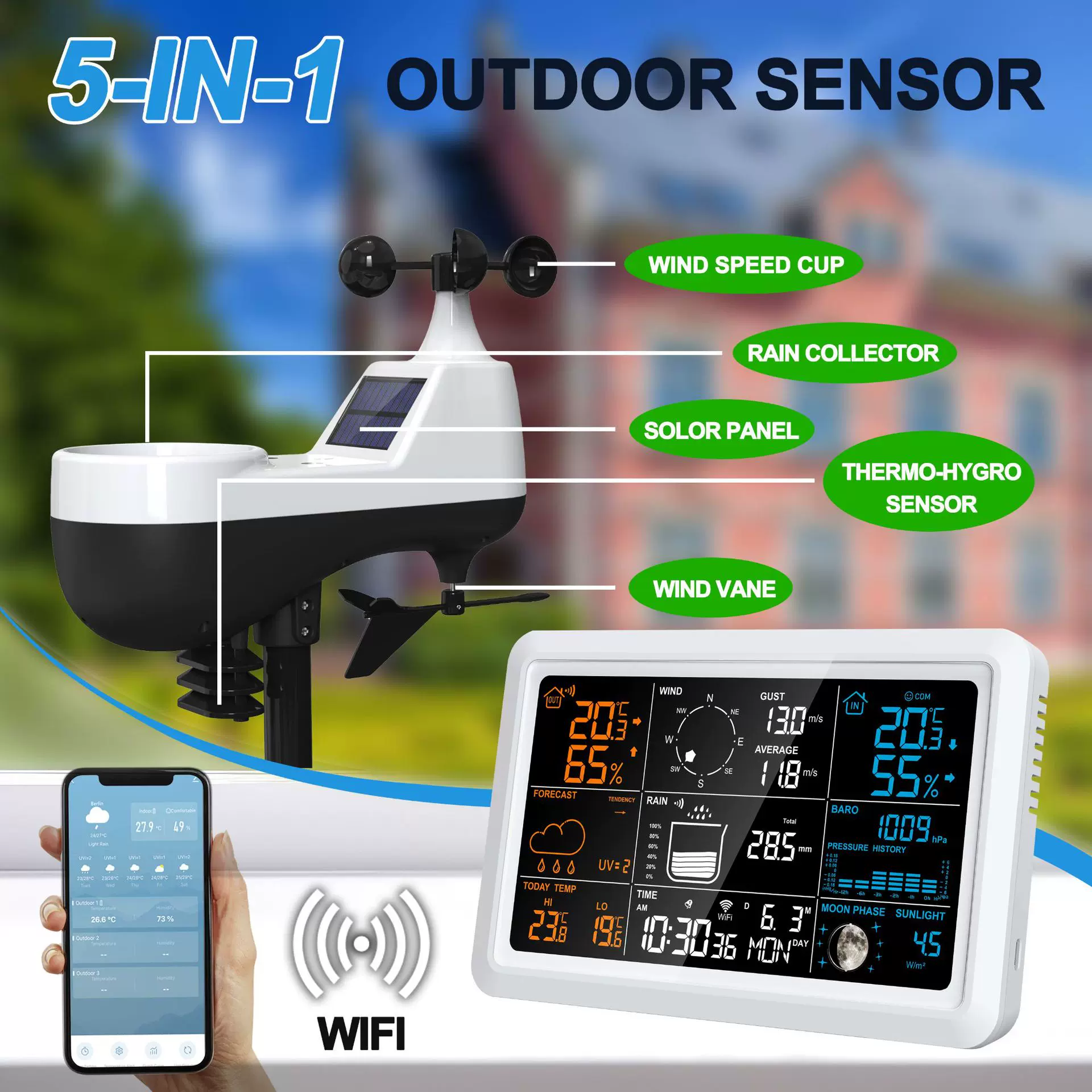 涂鸦WIFI 天气预报风速风向仪 室内外温湿度气象钟风速雨量气象站
