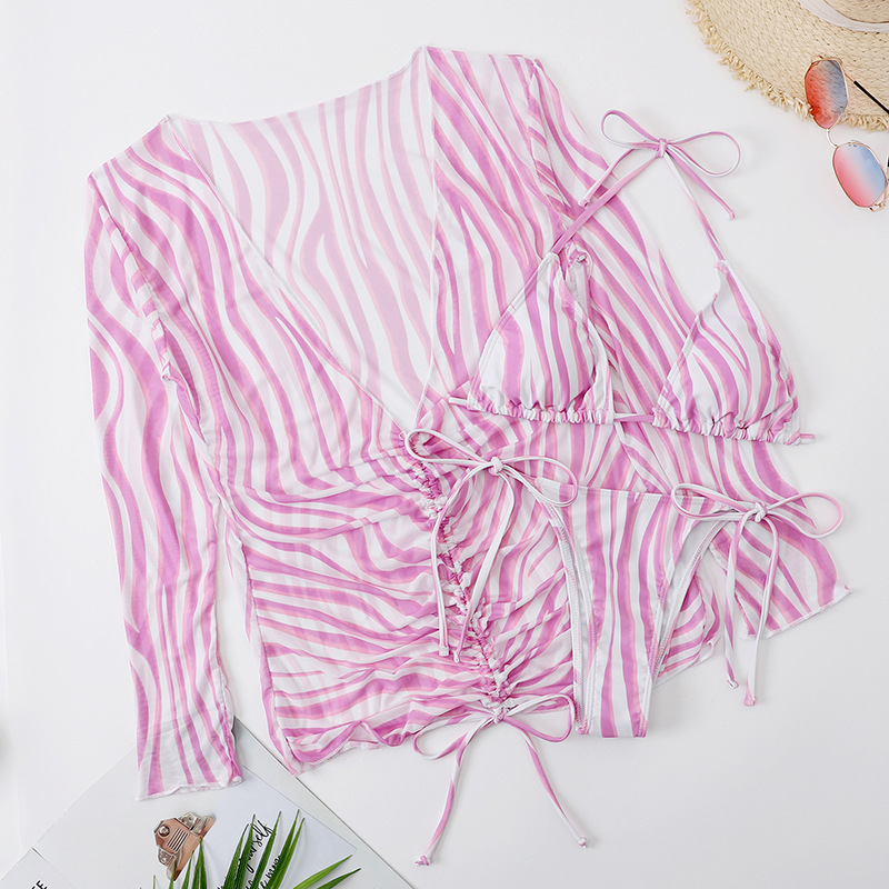 151g Weight Sleeveless Sleeve Length Polyester Fabric Type 3 Pieces Set Quantity Swimming Pool, Beach Occasion Strap Neckline Skinny Fit Type Color Block, Stripe, Leopard Pattern Women's Gender Sexy, Beach Style Women's Sexy Beach Color Block Stripe Leopard 3 Pieces Set Bikinis Swimwear 24