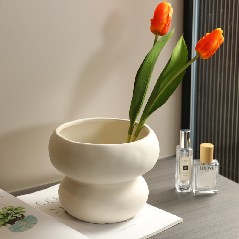 Moderno simple Boca Grande estilo crema jarrón de cerámica decoración nórdico flor seca arreglo hogar sala de estar decoración de la flor