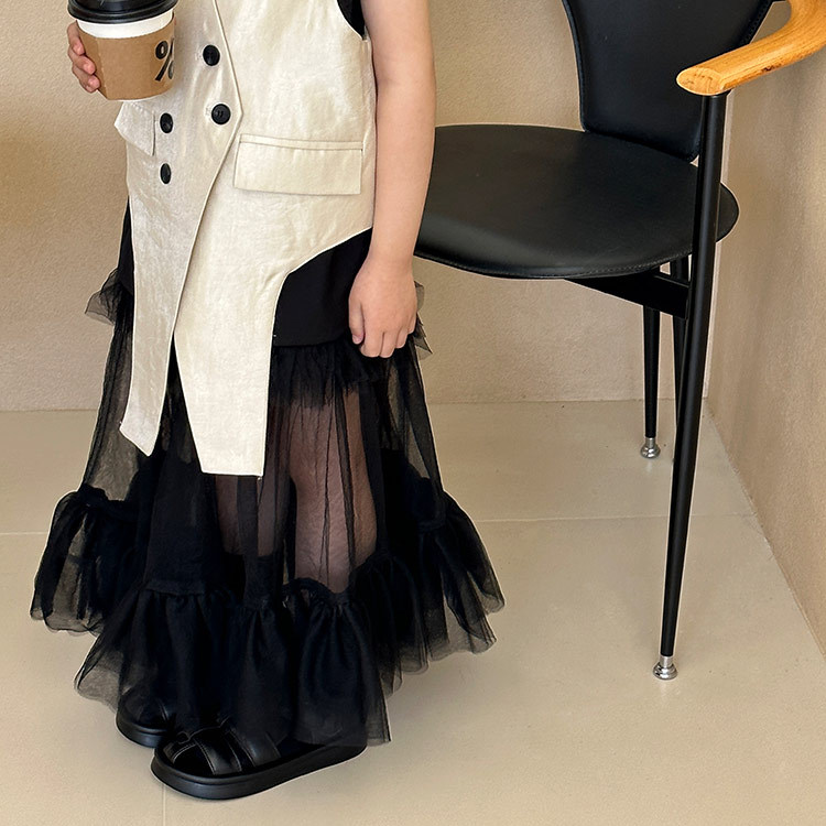 女童紗裙2024夏季新款韓版網紗拼接長裙酷帥裙子女榮半身裙洋氣潮