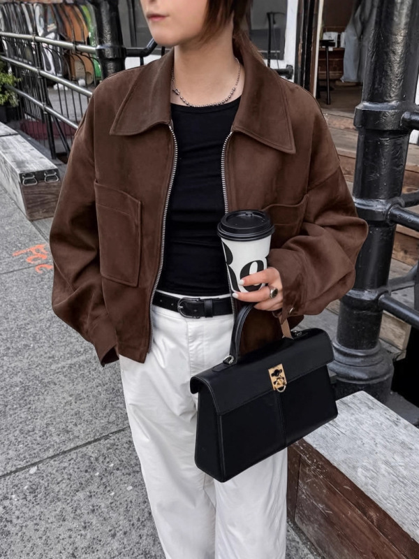 欧美秋冬新款长袖麂皮绒外套棕色2025新款小西装拉链上衣夹克女装|undefined