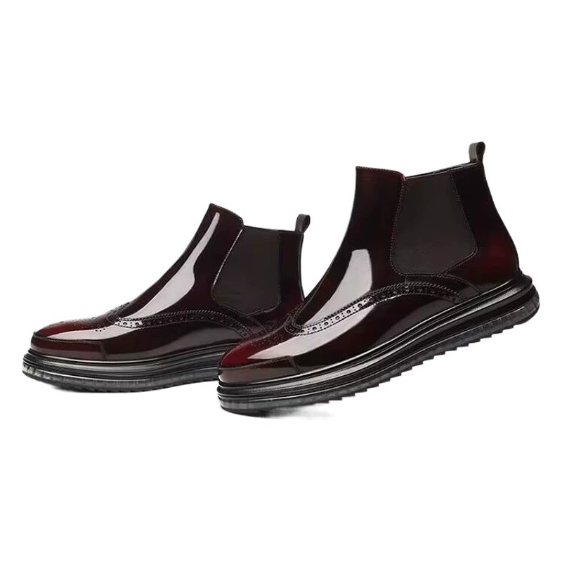 Осенне-зимние ботинки челси, мужские кожаные ботинки с высоким берцем на толстой подошве, деловые кожаные ботинки средней высоты из британской яркой кожи на флисовой подкладке