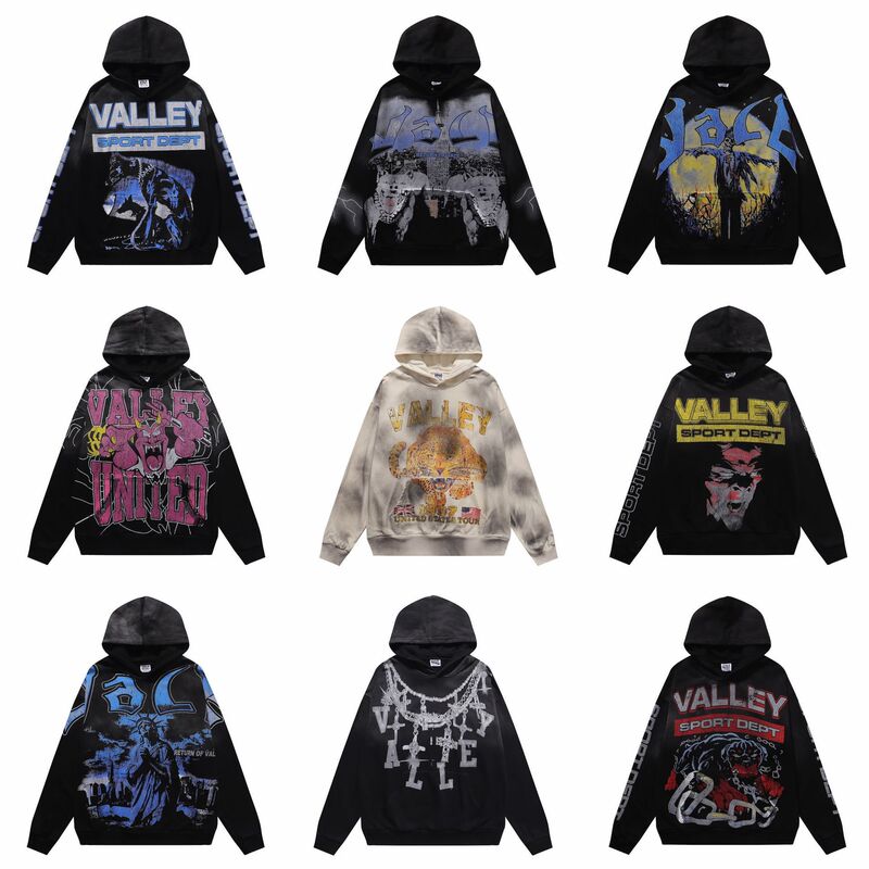 Cross-border American fashion Vale vintage print distressed zip-up hoodie for men and women, high street couple's loose-fitting sweatshirt Cross-border American fashion Vale vintage print distressed zip-up hoodie for men and women, high street couple's loose-fitting sweatshirt