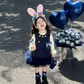 女童秋冬连衣裙套装2025新款女宝宝打底衫兔子警官背心裙两件套潮