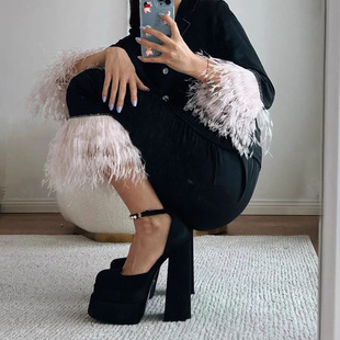 High Shoes Women's Satin Thick Heel Princess Style Mary Jane Shoes with Platform Platform Rhinestone Sandals