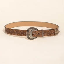 棕色印花女士腰带原创设计师合金针扣百搭皮带ins风配饰新款小众