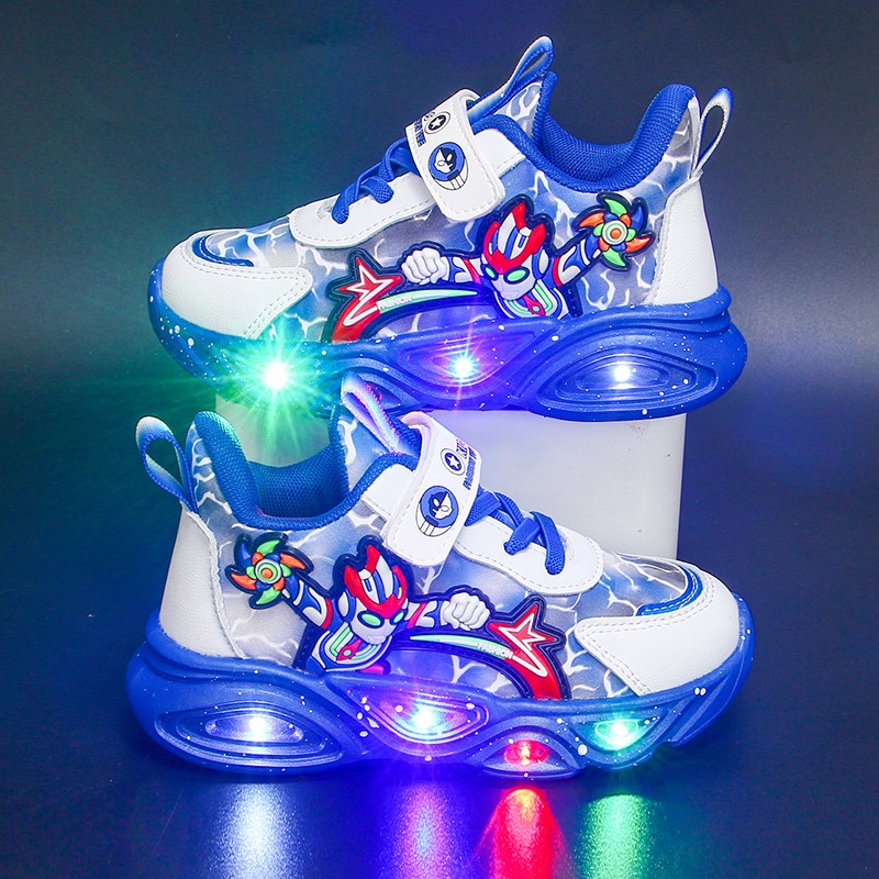 Wholesale Boys' Shoes with Lights 2026 Spring and Autumn New Models Mesh Breathable Children's Sports Shoes Leather Waterproof Running Shoes