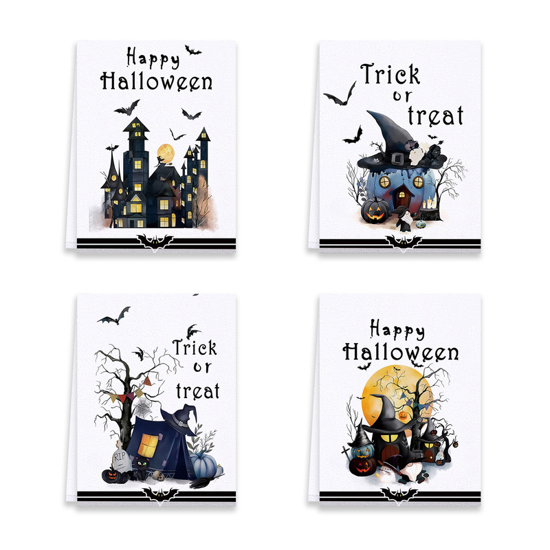 人気のハロウィンコウモリカボチャキッチタオル組み合わせマイクロファイバーホームハンドタオル吸収性ディッシュタオル|undefined