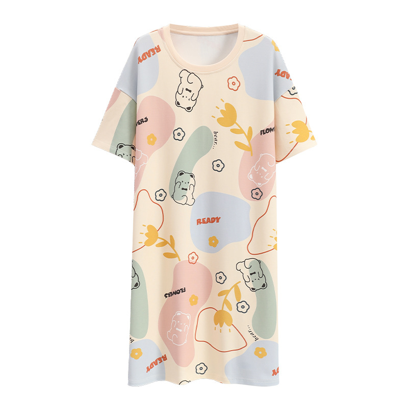 Nuevo camisón de manga corta para mujer, de seda de leche fina de verano con almohadillas en el pecho, ropa de estar, anti-marcas, se puede usar fuera de casa, conjunto transfronterizo.