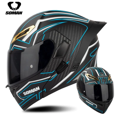 helmet double lens exposure helmet – Motosiklet kaskı (dəbilqə) - matte-black-blue-flower-with-tea-slices-s