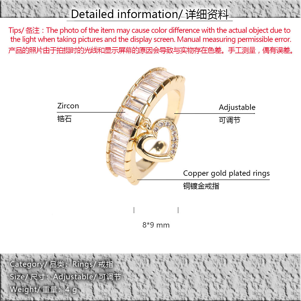 Inlaid Micro Zircon Love Pendant Ring European And American Copper Plated Open Ring Spot Wholesale display picture 1
