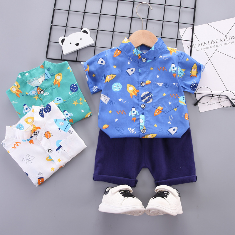 Baby Suit Cartoon Print Blue White Shorts Set