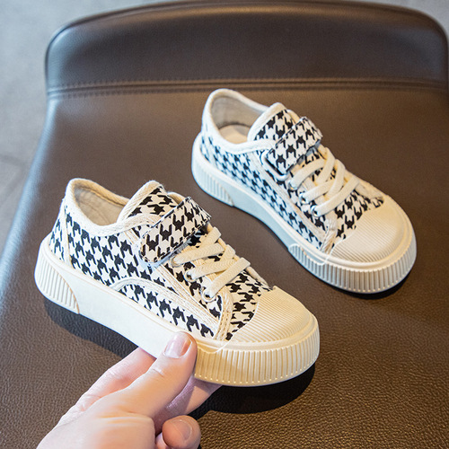 Houndstooth children's canvas shoes 2024 spring and autumn large children's flat non-slip comfortable boys and girls student sports sneakers