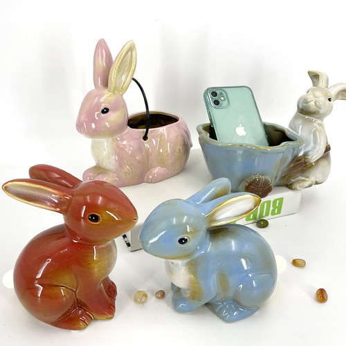 兔年新款窑变釉复活节兔子工艺品动物陶瓷摆件贝汉美钥匙收纳果盘