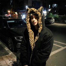 美式麂皮绒豹纹座山雕棉服外套男冬季加厚可爱兔耳连帽棉衣夹克