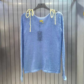 纯欲性感小香风抽绳拼色装饰薄款凉爽透气镂空针织衫女防晒上衣女