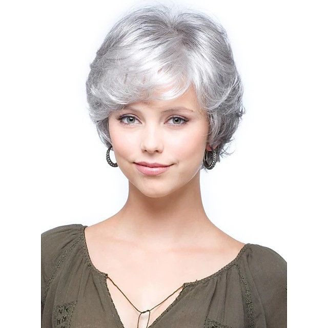 Peluca corta rizada degradada gris blanquecina para mujer caucásica, extensiones de cabello sintético para personas mayores, orientadas a la exportación._voghion.com