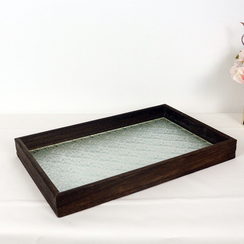 Solid wood rectangular small tea tray, water cup storage, fruit tray, dessert tray, retro-style begonia flower glass tray