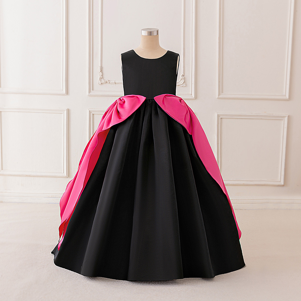 Nuevo vestido de princesa para niños de verano transfronterizo, vestido de niña de un año, vestido largo con lazo grande, vestido de cola de color en contraste