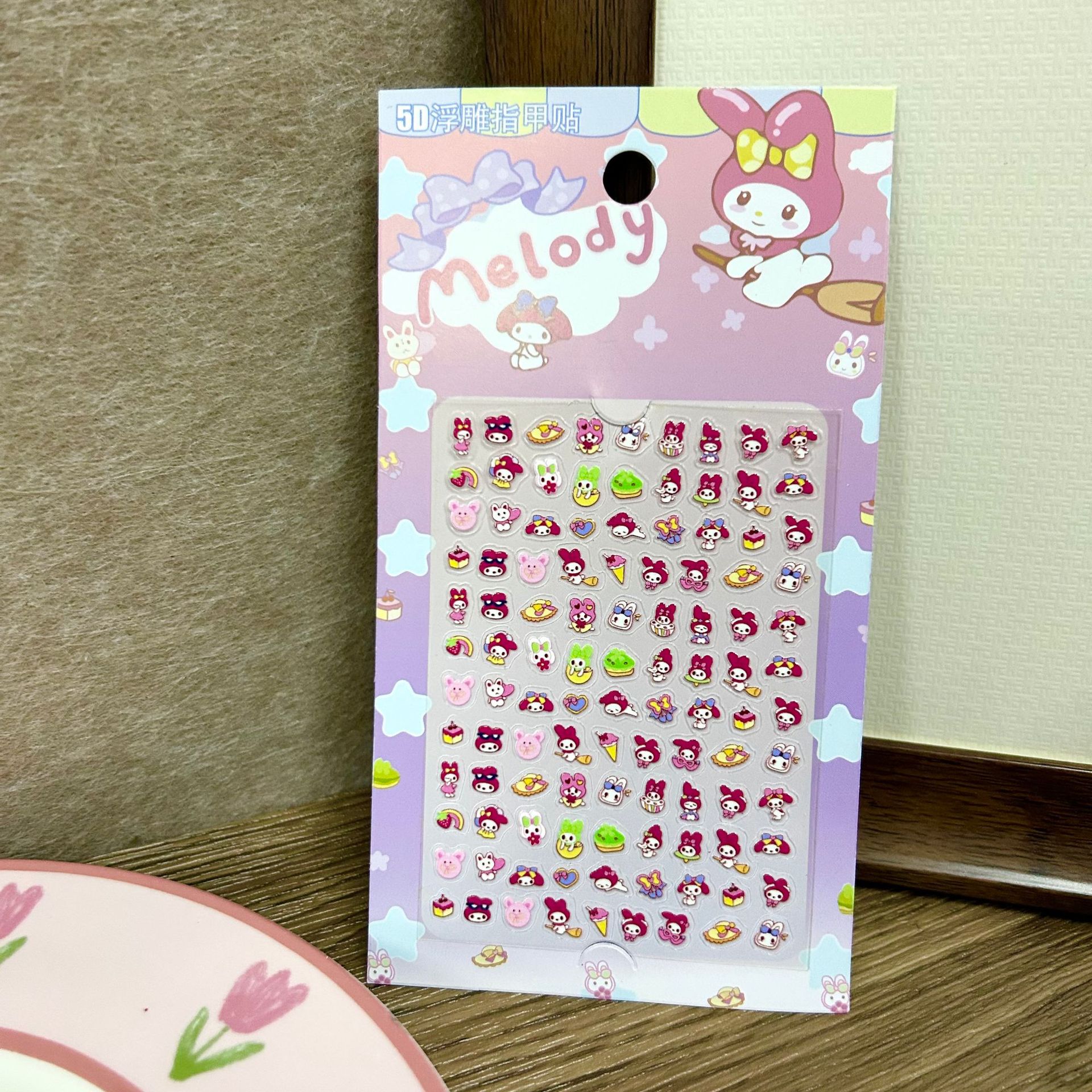 Parche de uñas Sanrio para niños, lindo y divertido Kulomi 5D en relieve pegatinas de uñas impermeables, manual de pegatinas decorativas