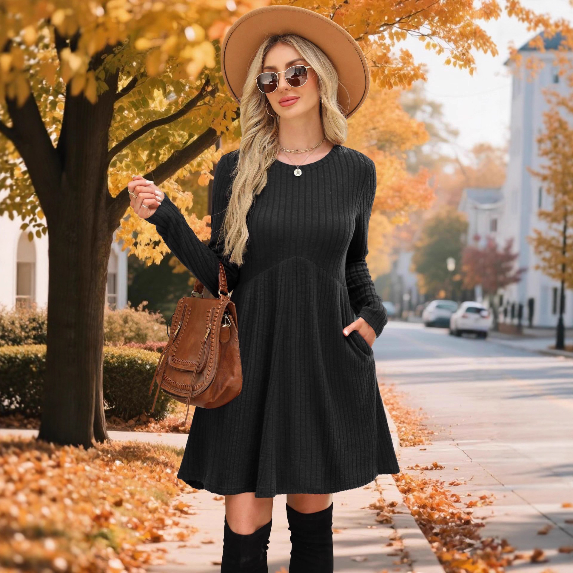 2025 Mid-Length Autumn Winter Bohemian Irregular Brushed Ribbed Solid Color Dress Women's Umbrella Skirt_voghion.com