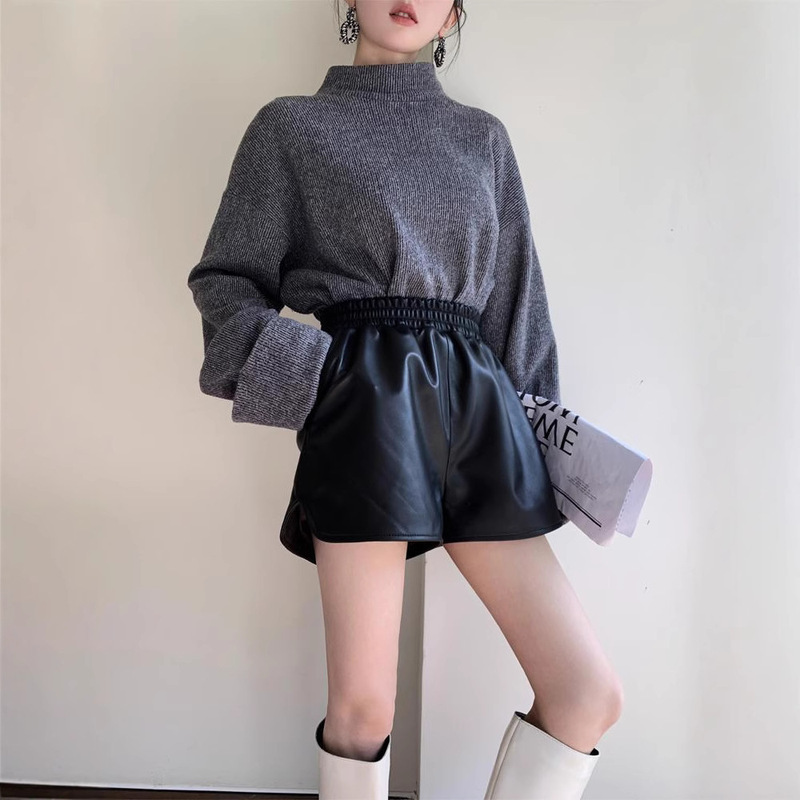 High-end European Leather Leather Pants Autumn and Winter New Fashion All-match Wide-leg Sheepskin Casual Leather Shorts for Women