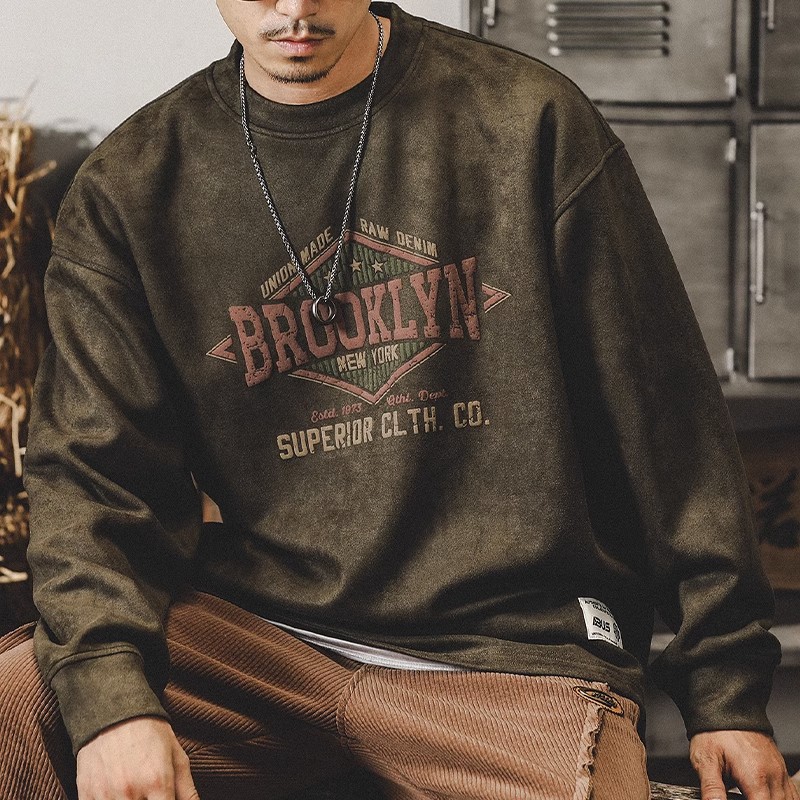Moletom masculino retrô americano em camurça, modelagem folgada, marca moderna, gola redonda, manga longa, blusa masculina, jaqueta, camiseta._voghion.com