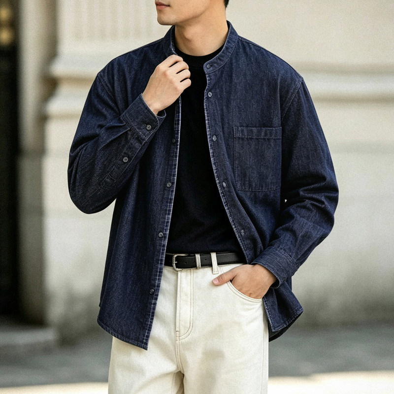 Pants Mister men's faux two-piece denim shirt, spring and autumn stand-up collar long-sleeve top with plaid lining, loose denim jacket Pants Mister men's faux two-piece denim shirt, spring and autumn stand-up collar long-sleeve top with plaid lining, loose denim jacket